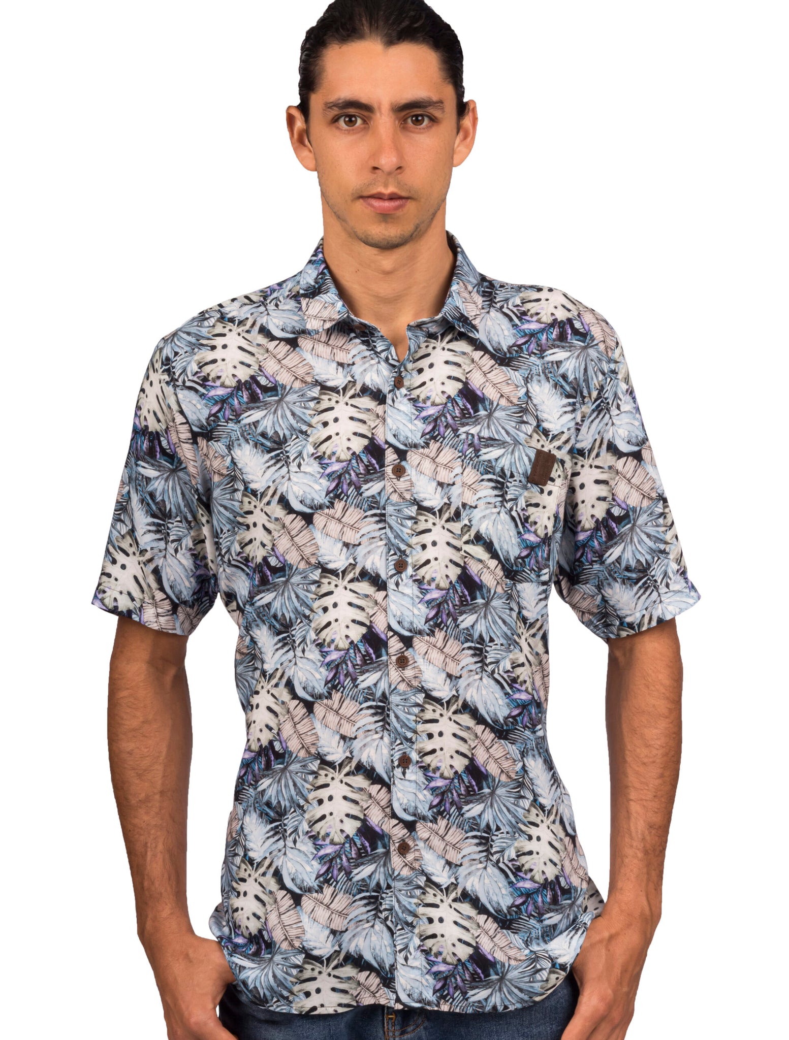 Camisa Manga Corta en Chalis, Estampado Flores - Moldería slim