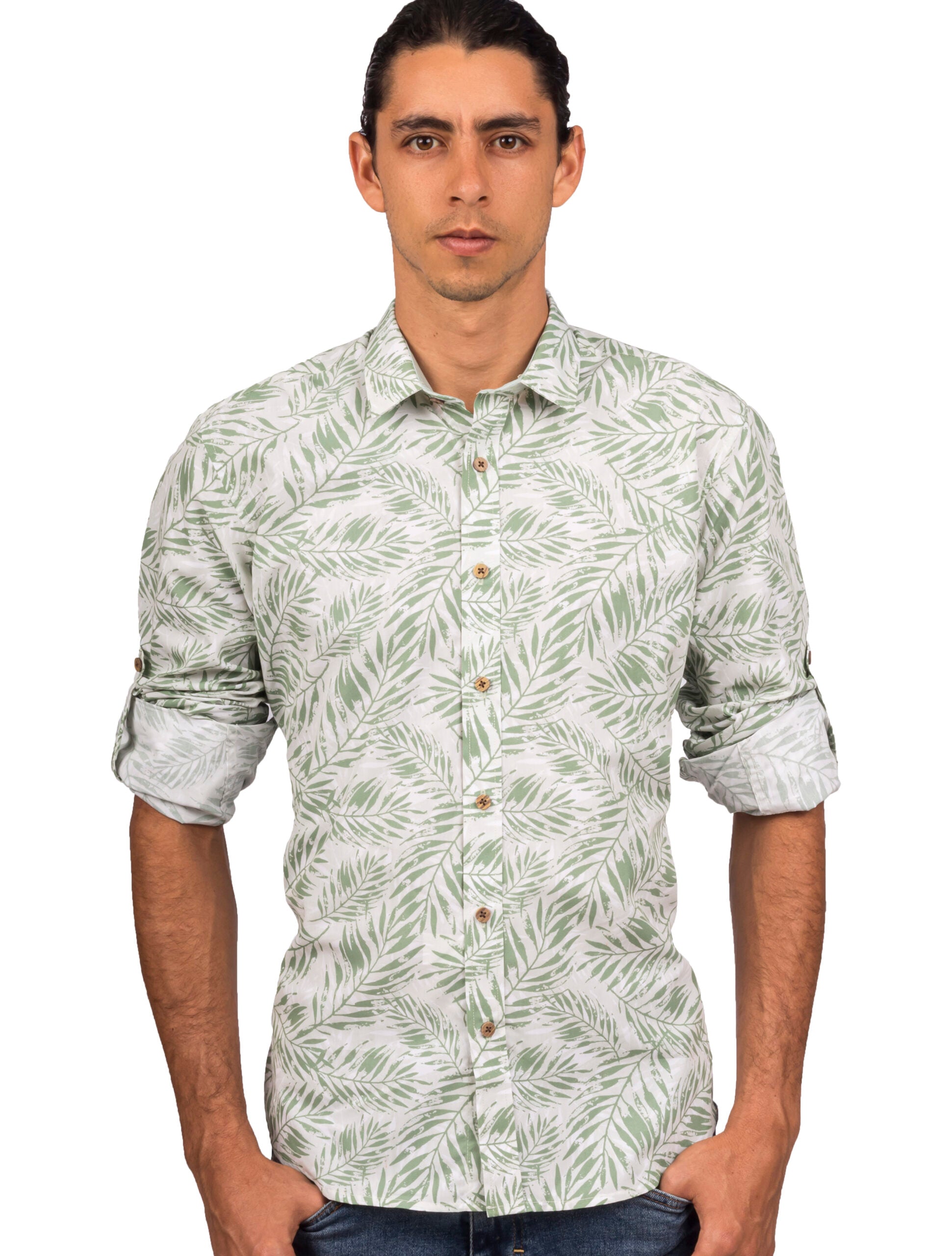 Camisa Manga Larga Estampado Hojas Verdes - Moldería slim