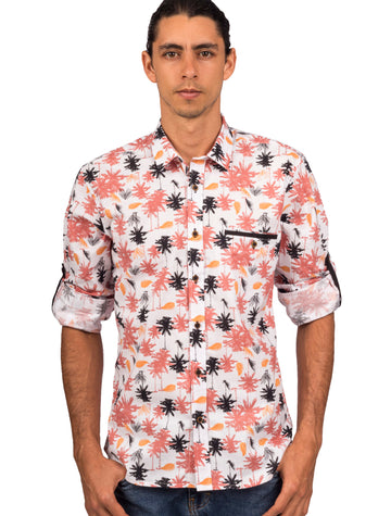 Camisa Manga Larga Print Palmas Negras y Terracota - Moldería slim
