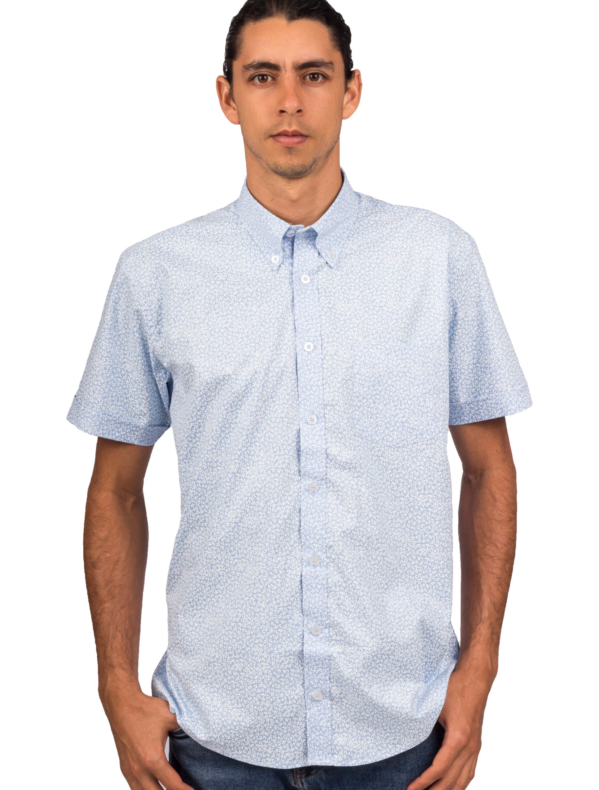 Camisa Manga Corta Azul Print Flores Blancas - Moldería informal