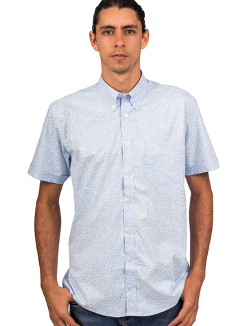 Camisa Manga Corta Azul Print Flores Blancas - Moldería informal