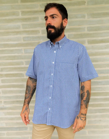 Camisa Manga Corta Cuadros Azul y Blanco- Mordería clásica