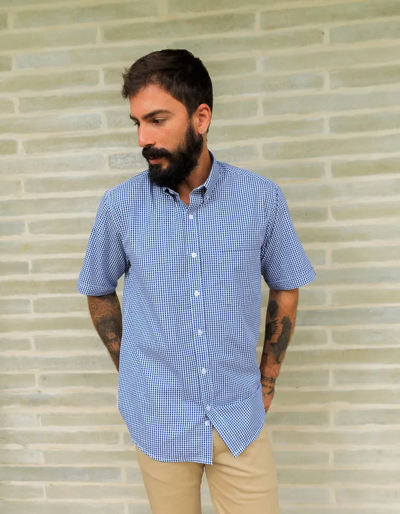 Camisa Manga Corta Cuadros Azul y Blanco- Mordería clásica