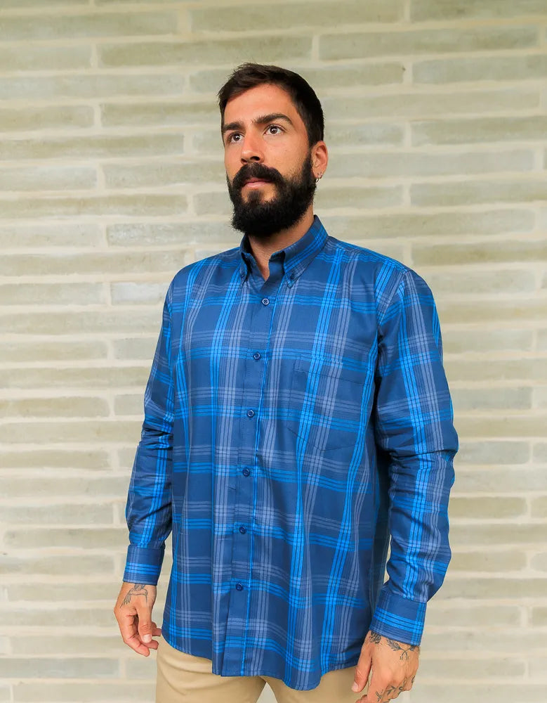 Camisa Manga Larga Cuadros Azules - Moldería Informal