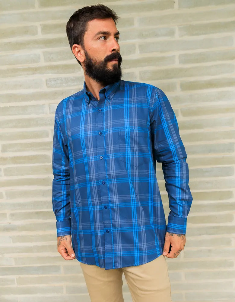 Camisa Manga Larga Cuadros Azules - Moldería Informal