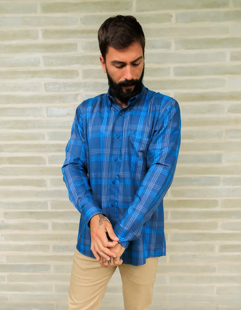 Camisa Manga Larga Cuadros Azules - Moldería Informal