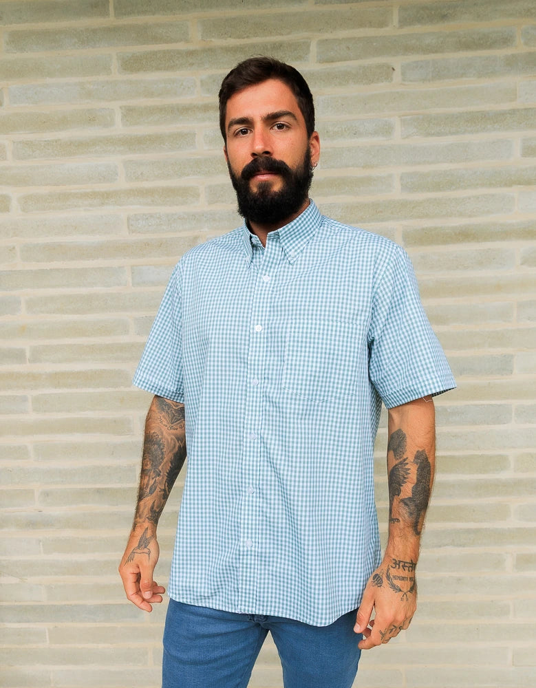Camisa Manga Corta Cuadros Verdes Y Blancos - Mordería clásica