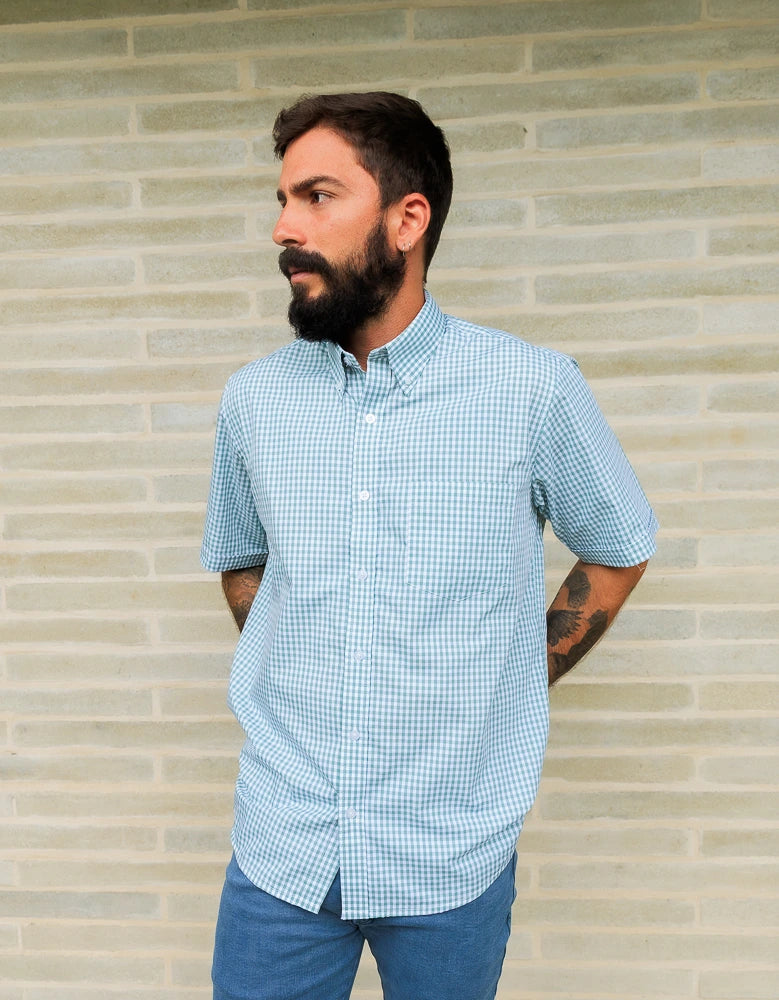 Camisa Manga Corta Cuadros Verdes Y Blancos - Mordería clásica