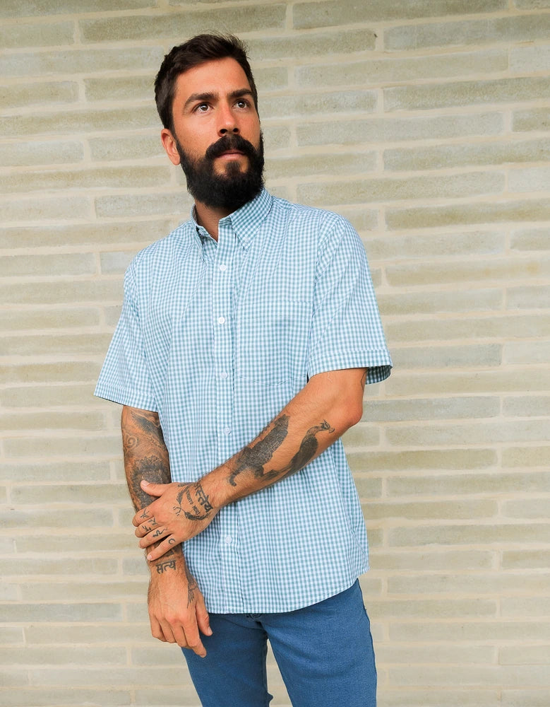 Camisa Manga Corta Cuadros Verdes Y Blancos - Mordería clásica