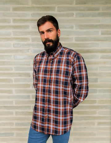 Camisa Manga Larga Cuadros Naranja y Azul - Moldería Informal