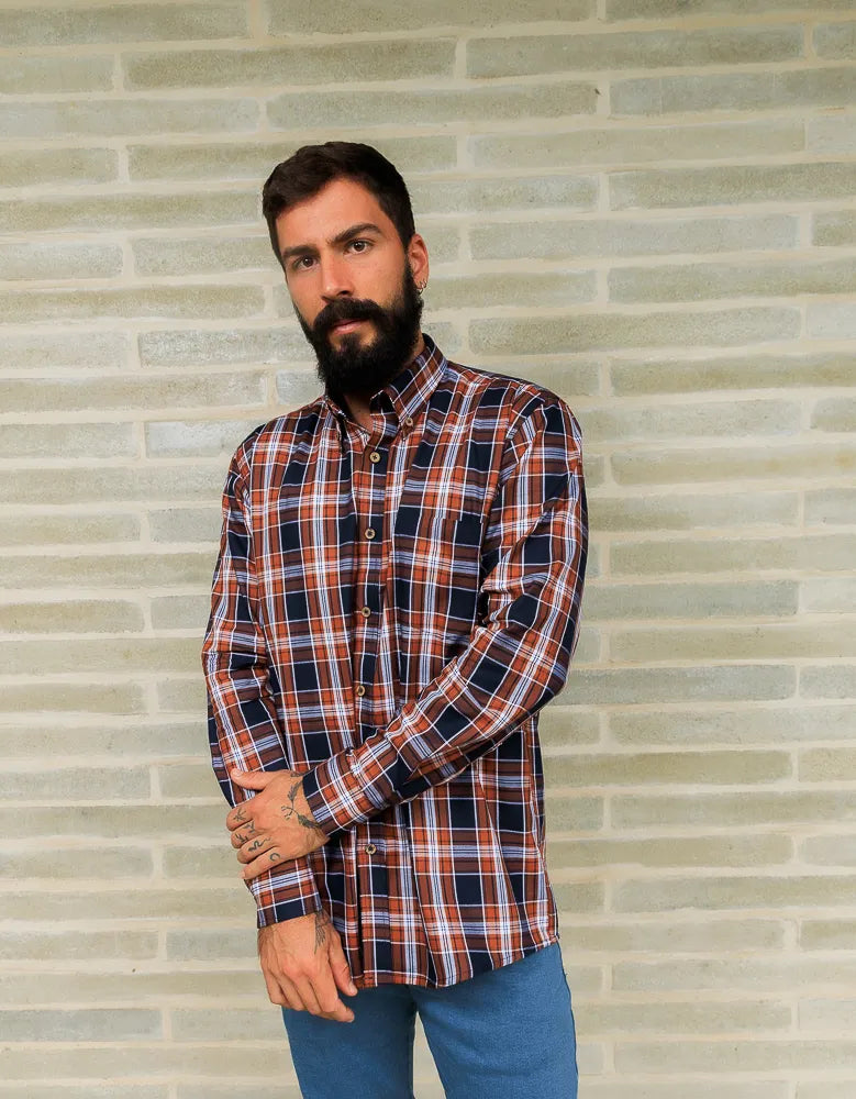 Camisa Manga Larga Cuadros Naranja y Azul - Moldería Informal