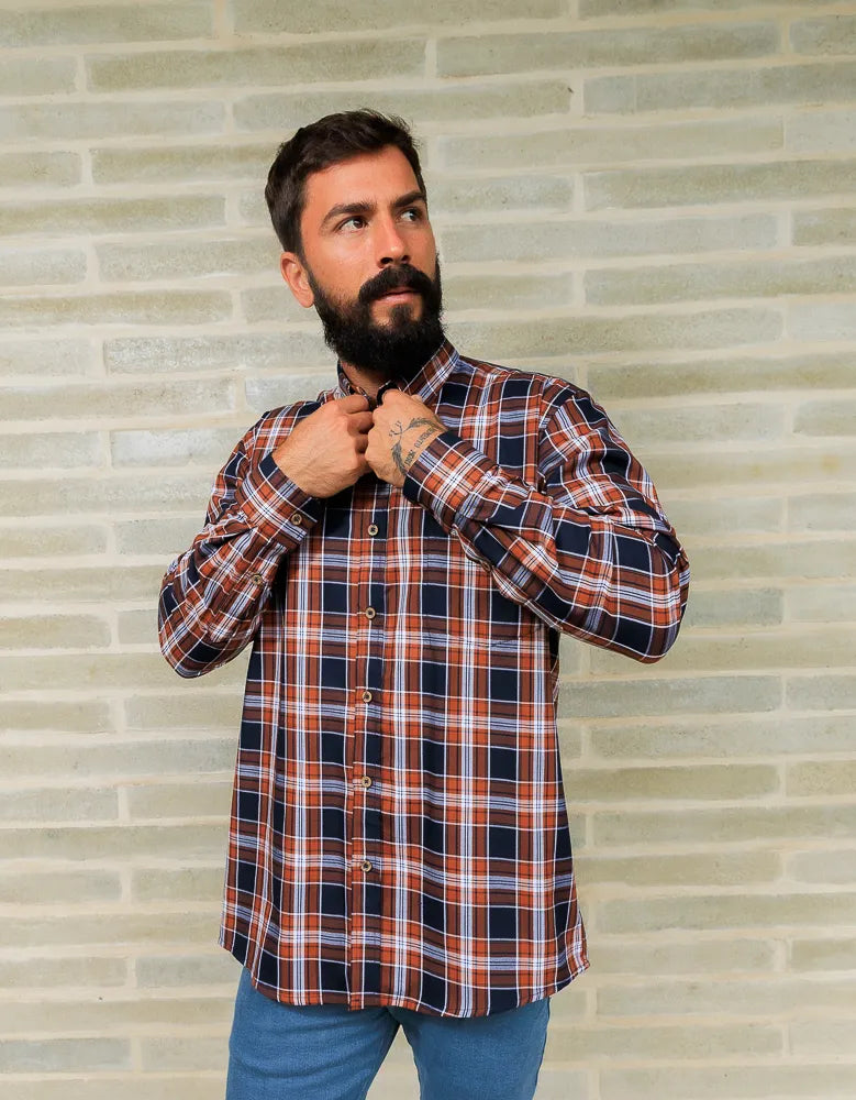 Camisa Manga Larga Cuadros Naranja y Azul - Moldería Informal