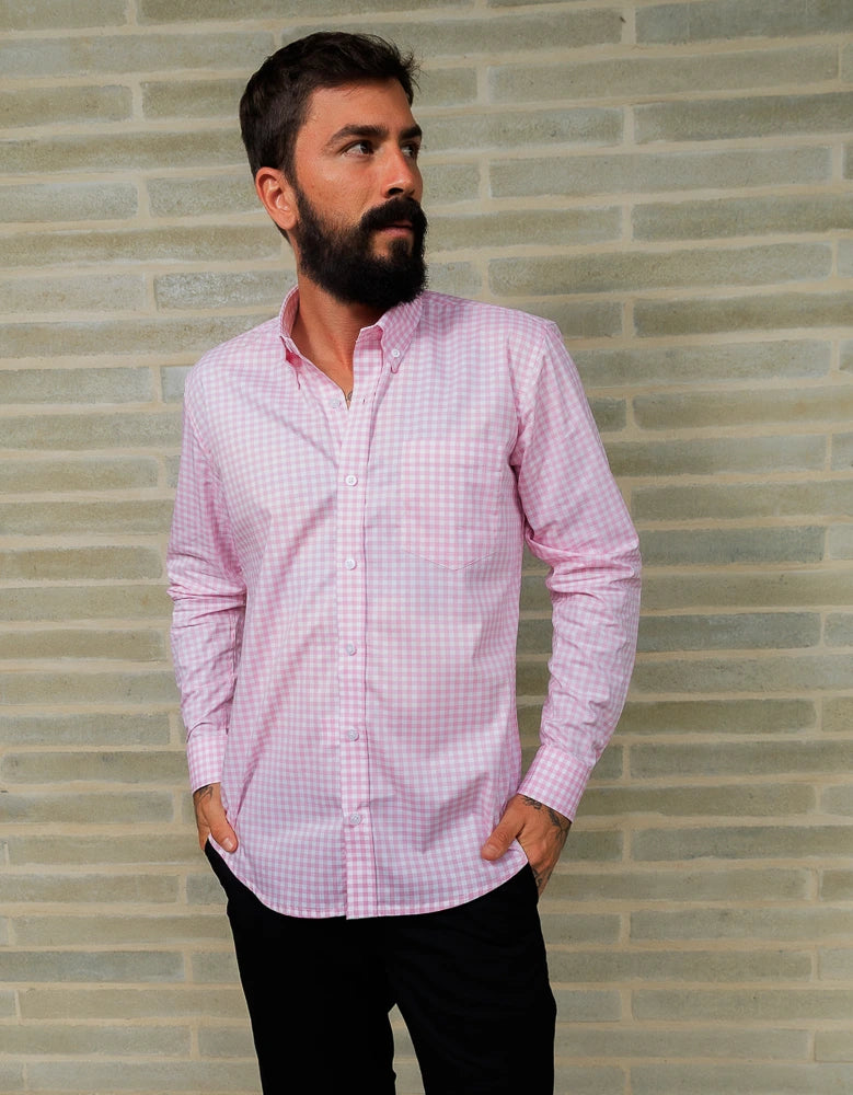 Camisa Manga Larga Cuadros Rosa y Blanco - Moldería slim
