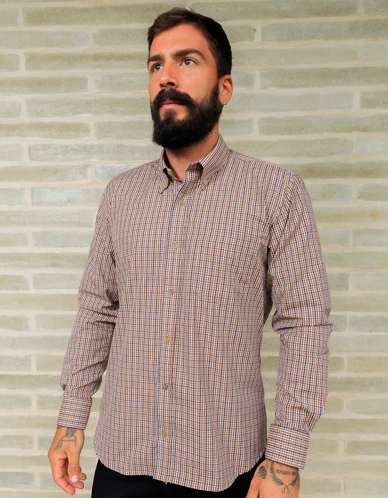 Camisa Manga Larga Cuadros Naranja y Azul - Moldería slim