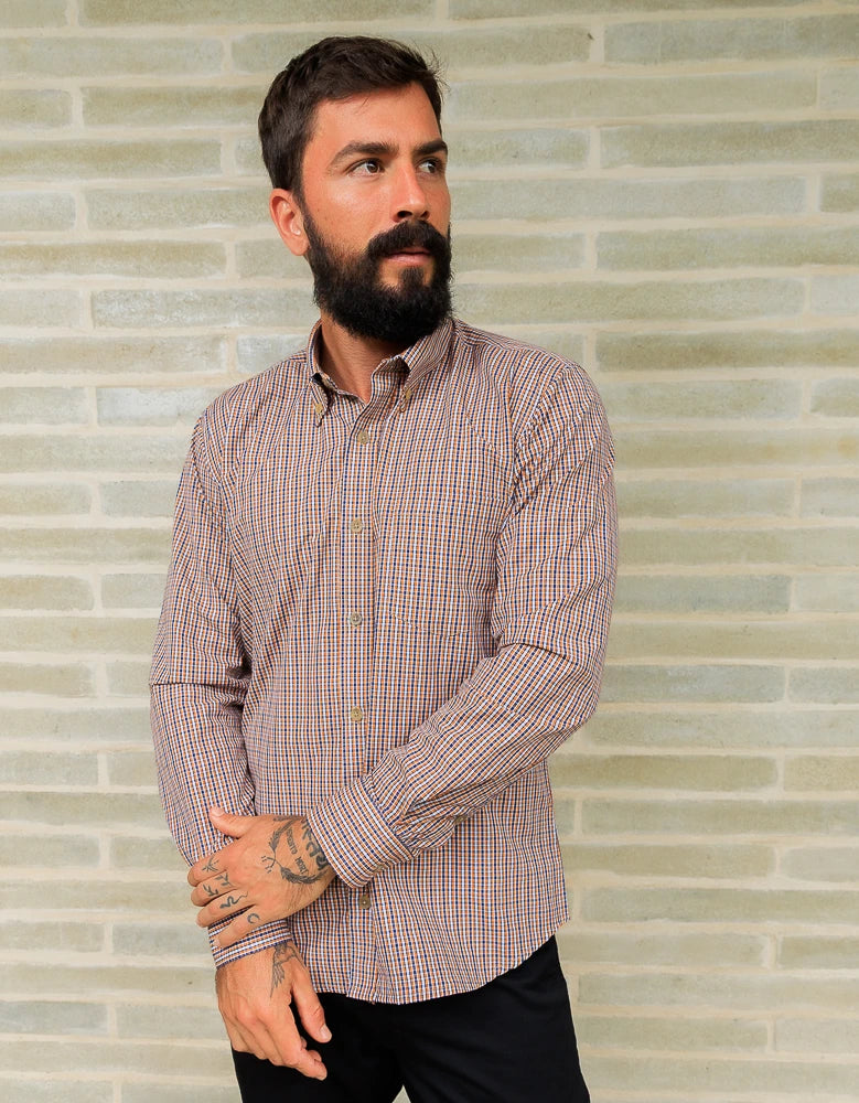 Camisa Manga Larga Cuadros Naranja y Azul - Moldería slim